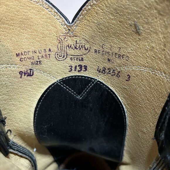 Justin Cowboy Western Boots Mens Size 9.5 D Black Cowboy Boots 3133 Made In USA - Picture 11 of 13